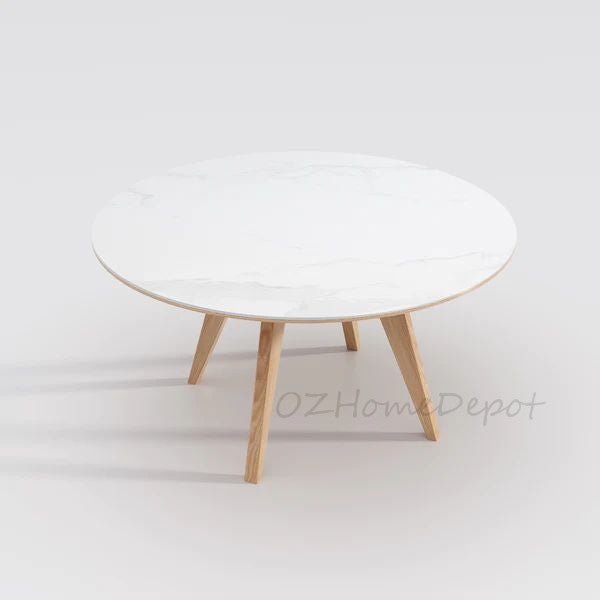 YILARA Sintered Stone Round Dining Table/Lazy Susan/Solid Timber Base/Glossy Fish-belly White Top