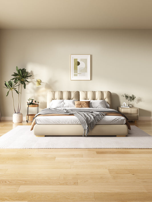 MOUSHY Luxurious Beige Frosted Fabric Bed Frame Queen/ King/ Steel legs 0076