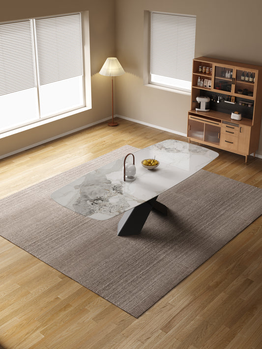 THIBAULT Multi-Size High-Gloss Marble-Patterned Sintered Stone Dining Table with Crossed Carbon Steel Base – Modern Luxury, Customizable | 9077