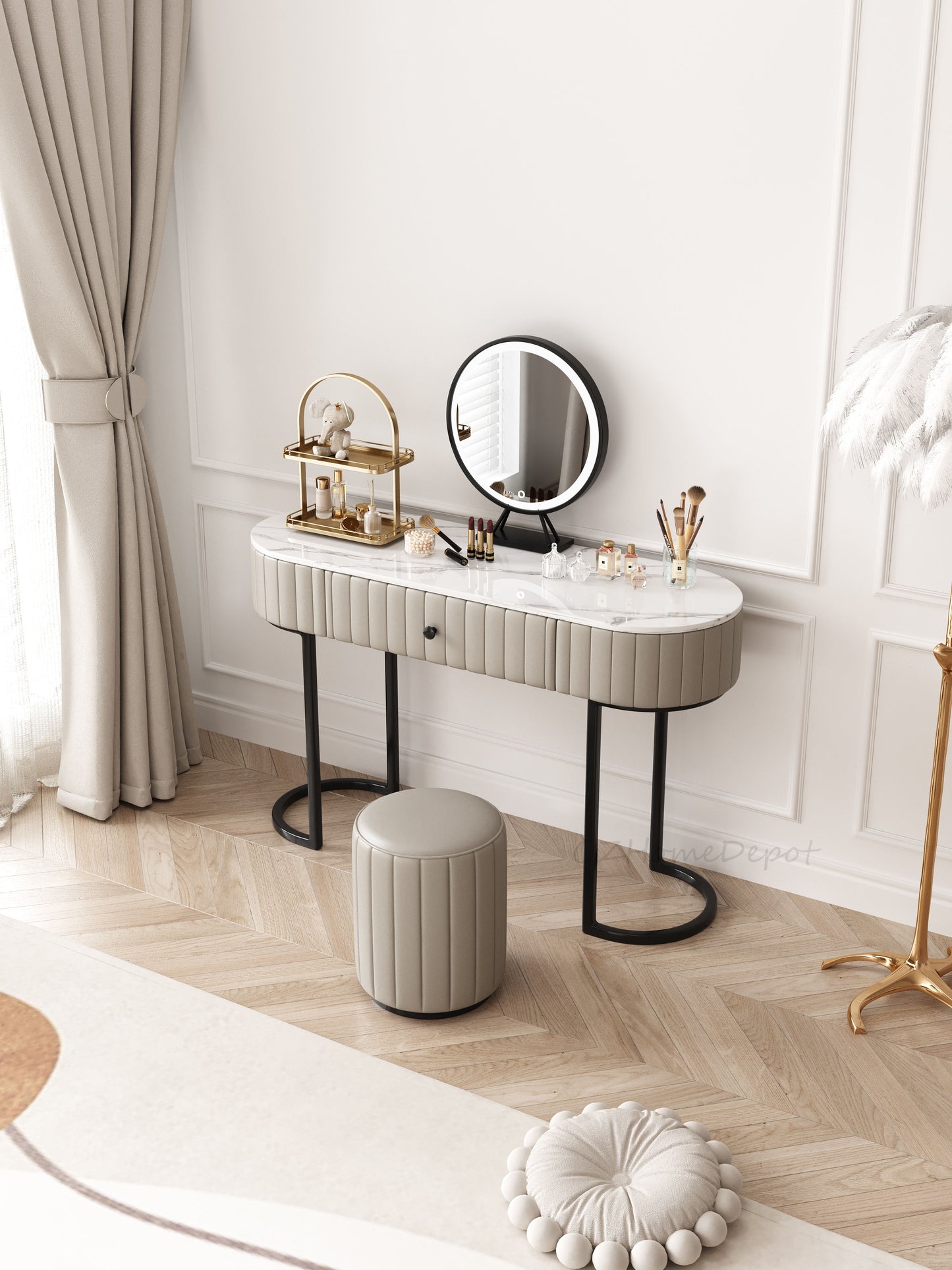 CALLIST Vanity Table With Stool and Mirror Set/Makeup Dressing Table/Grey