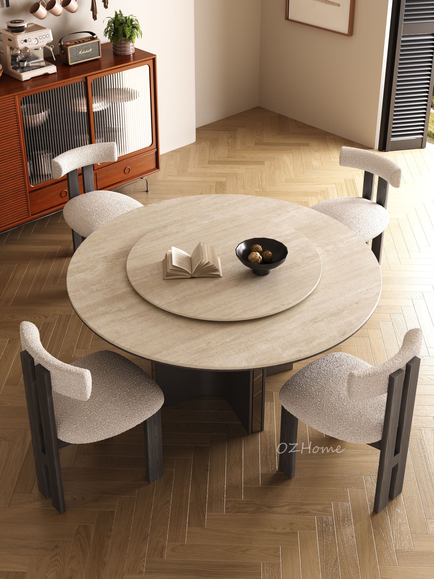 AMAURY Travertine Tabletop, Sculptural Base with Optional Lazy Susan | Dining Table | Round Table | Lazy Susan | 9059