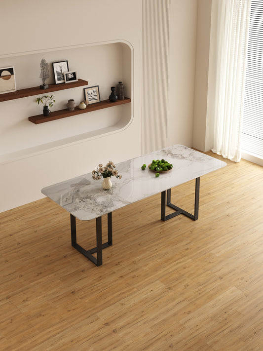 ELOWEN Oversized High-Patterned Sintered Stone Tabletop with Black Base – Rectangular Dining Table | Dining Chairs | Set | 9098-BK