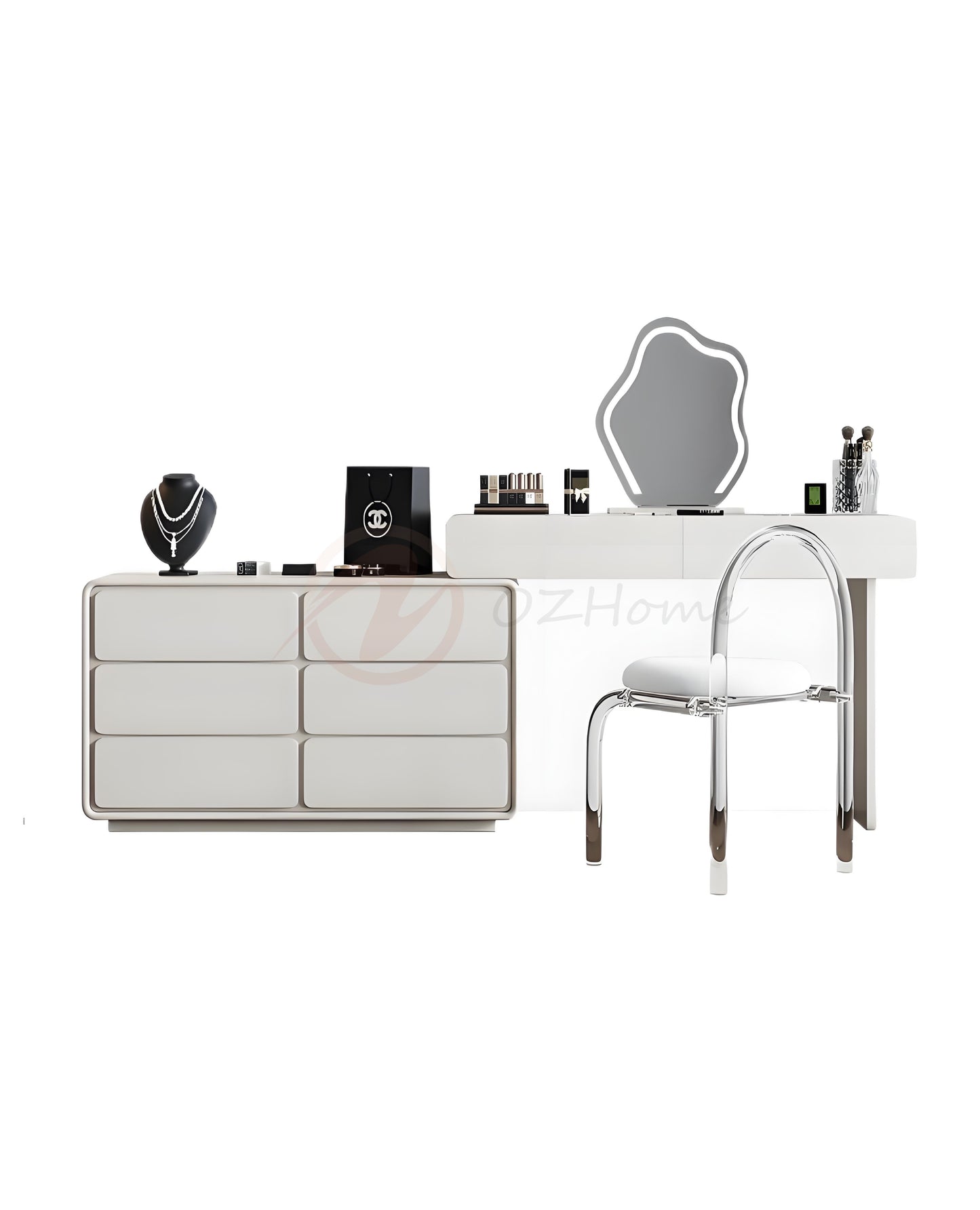 GIULIA Cream Aesthetic Large White Lacquer Vanity Table with Storage Cabinet, Mirror, and Stool | 6027