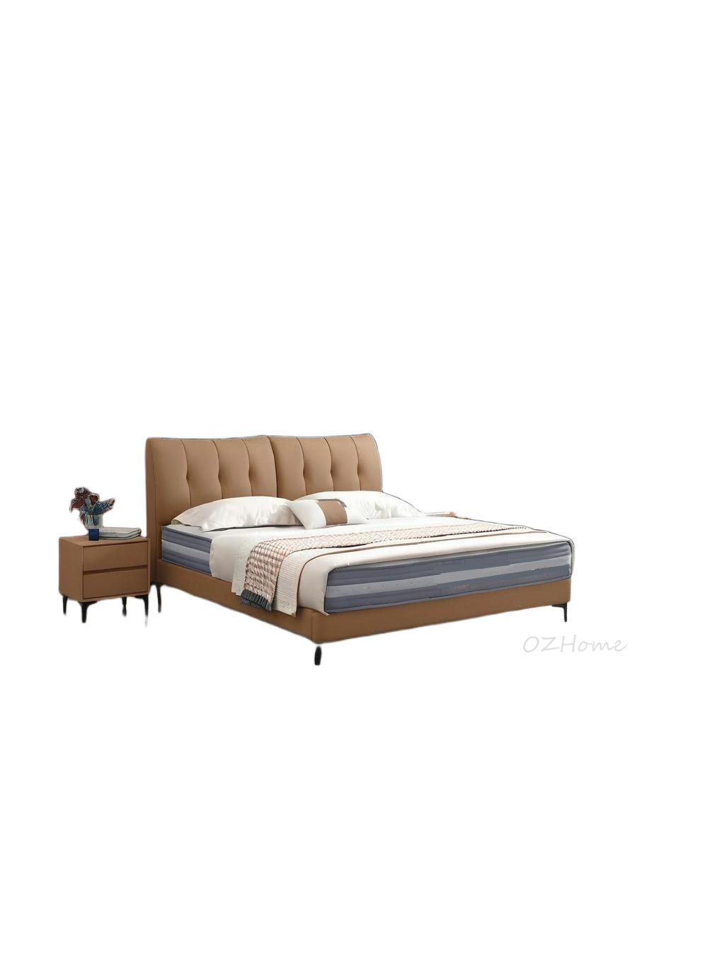 【Free Bedside Tables Included】NOVA Genuine Leather Series Brown Thick-Cushion Bed Frame with Integrated Bed Base | Model 1006