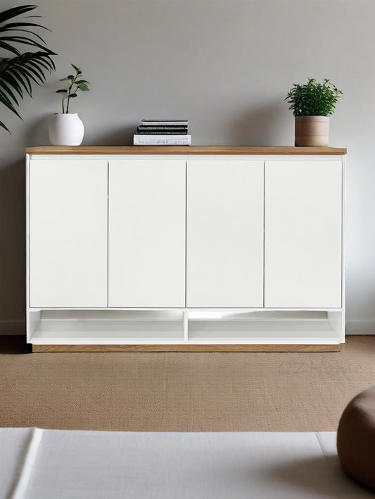 ELIO White & Natural Wood Four-Door Large 140cm Storage Shoe Cabinet | SS-002