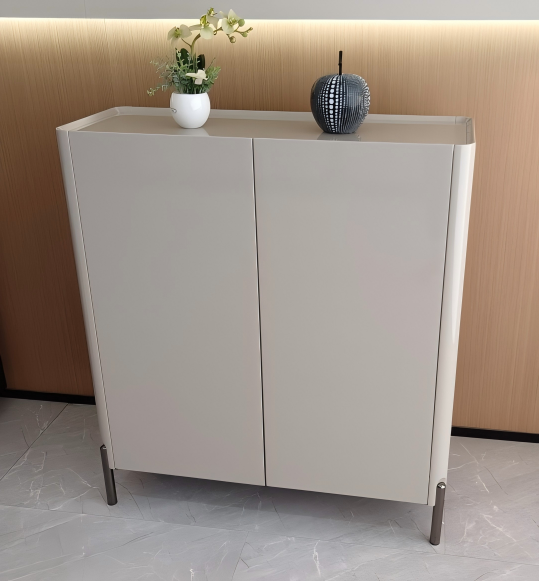 AUREO Modern High Gloss 2-Door Shoe Storage Cabinet with Tempered Glass Top for Entryway | SS-010