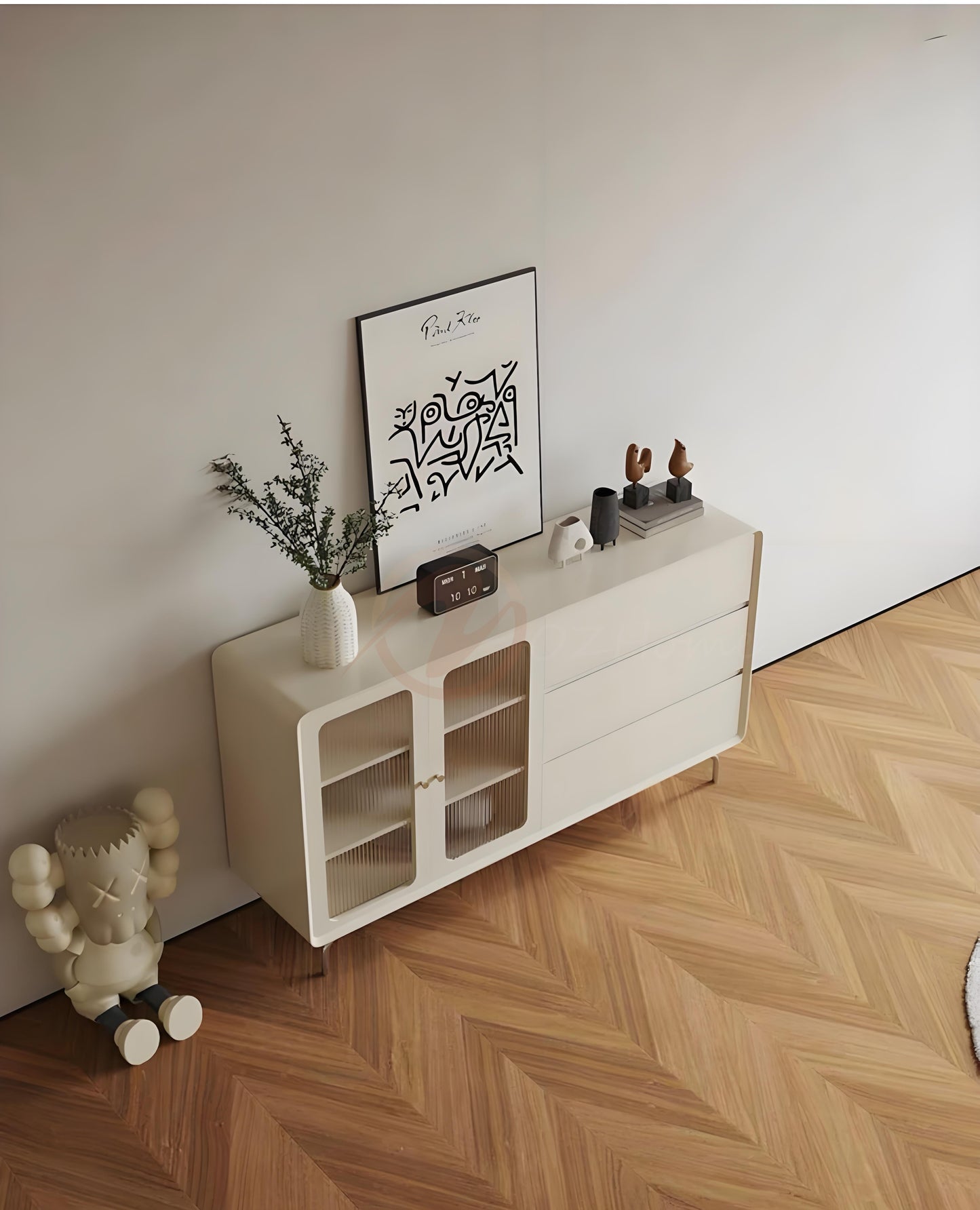 FABIO Italian Minimalist Style Black Enamel Sideboard with Fluted Glass, 160cm Entryway Cabinet | 7024