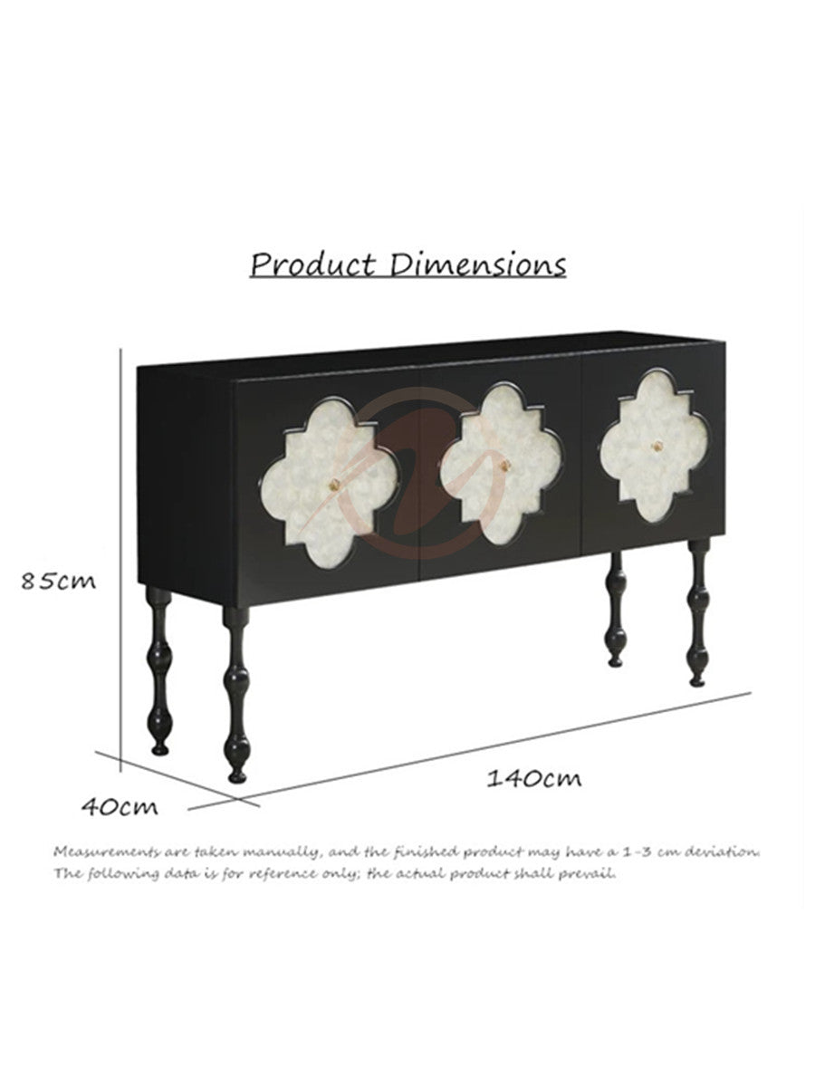 MORTIMER Gothic-Style Black Cabinet with White Natural Shell Decorative Doors, Storage Sideboard | Floral Pattern | Buffet 7026