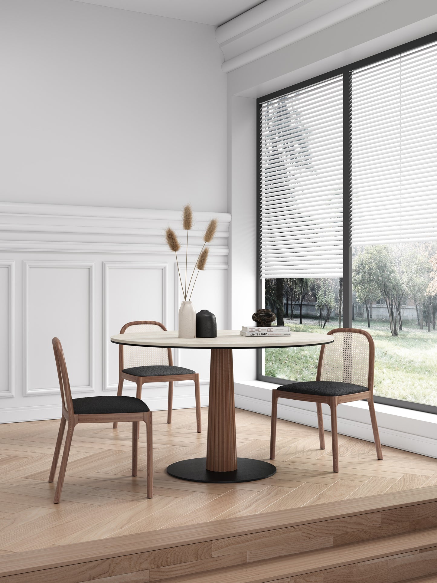 LLIAD Small Wooden Base with Cave Stone Circular Dining Table | Meeting Table | Dining Chair | Set | 9047