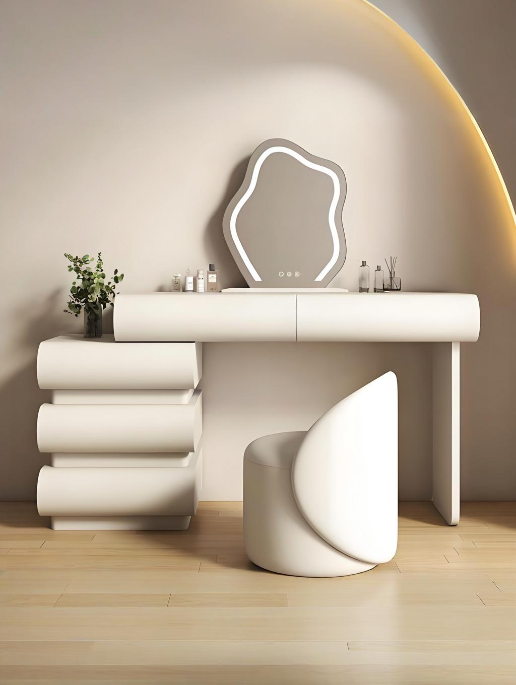 【Pre-Order】Éloïse Cream Style White Lacquered Vanity Table with Storage Cabinet, Mirror, and Stool | 6022