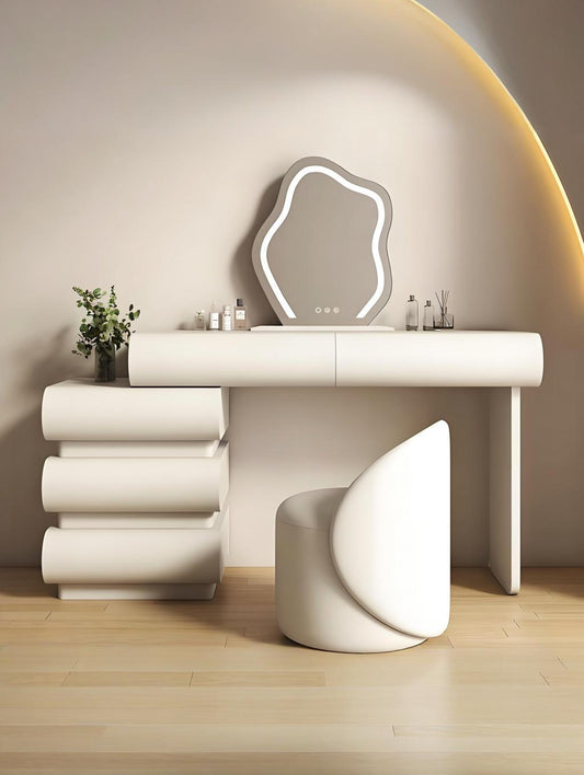 【Pre-Order】Éloïse Cream Style White Lacquered Vanity Table with Storage Cabinet, Mirror, and Stool | 6022