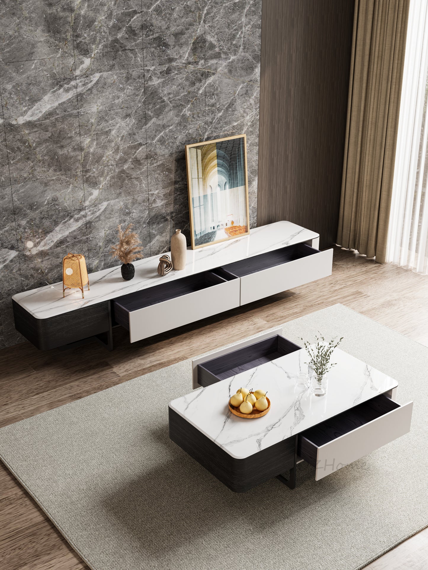 Lindström Modern TV Stand & Coffee Table Set – Sintered Stone Top | White / Grey / Black