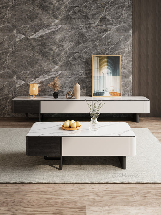 Lindström Modern TV Stand & Coffee Table Set – Sintered Stone Top | White / Grey / Black