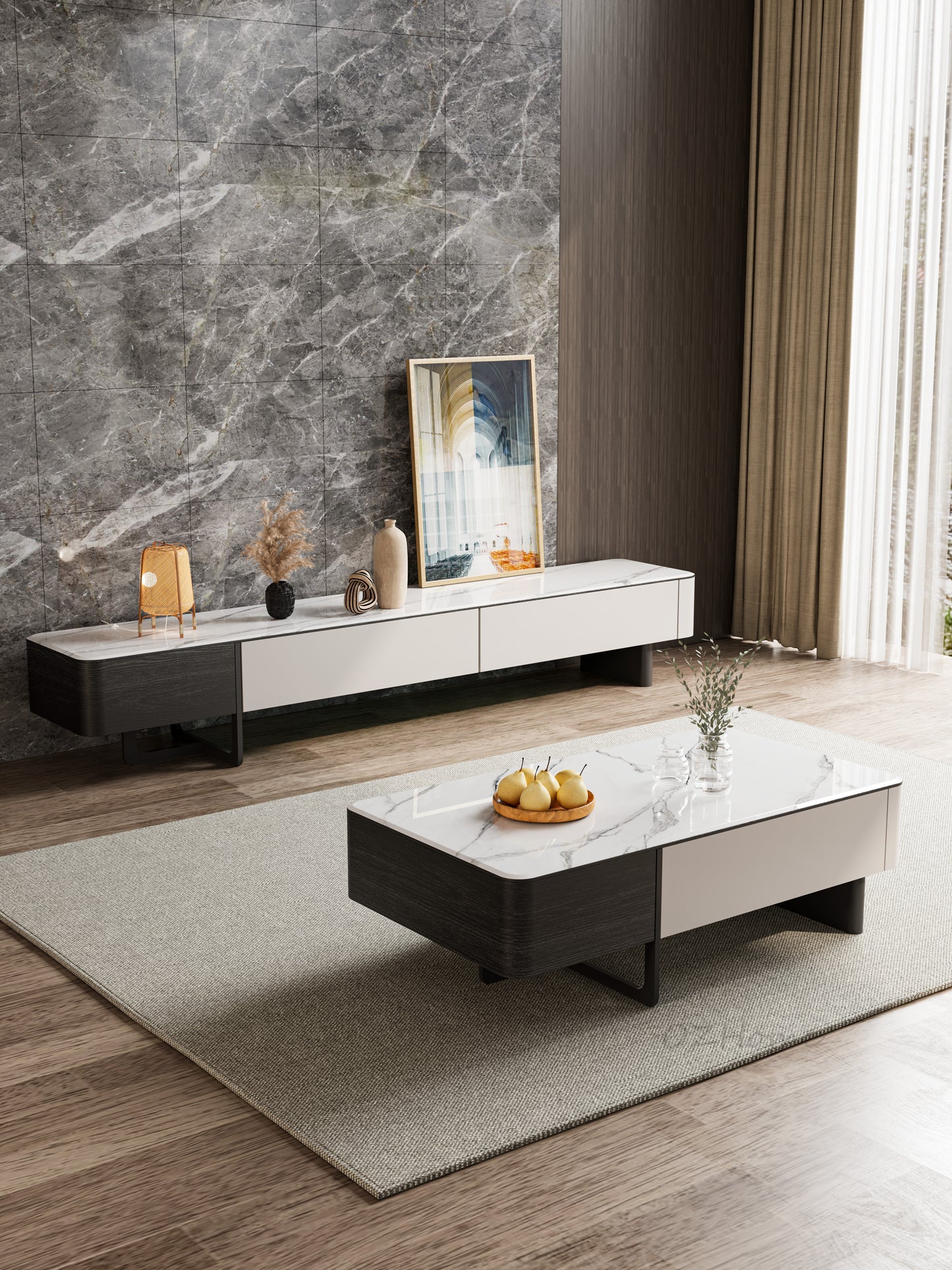 Lindström Modern TV Stand & Coffee Table Set – Sintered Stone Top | White / Grey / Black