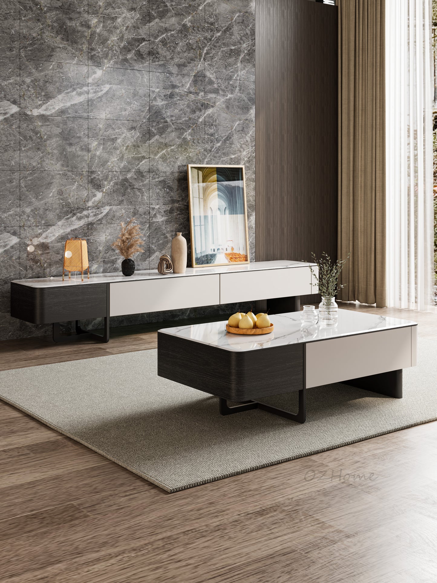 Lindström Modern TV Stand & Coffee Table Set – Sintered Stone Top | White / Grey / Black
