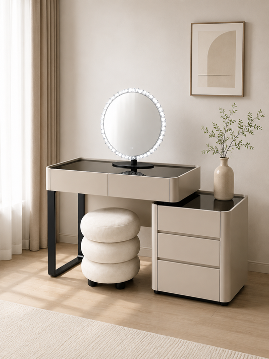 AURELIA Modern Grey Vanity Table Set with Side Cabinet, LED Mirror & Stool | 6065