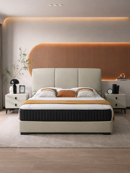 【FREE 2 Bedside Tables】FIORE Genuine Leather Bed Frame with Cushioned Headboard | Integrated Slatted Base | Model 1011