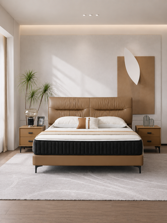 【FREE 2 Bedside Tables】SADDLE Genuine Leather Bed Frame with Extra-Thick Cushioned Headboard | Integrated Slatted Base | Model 1013