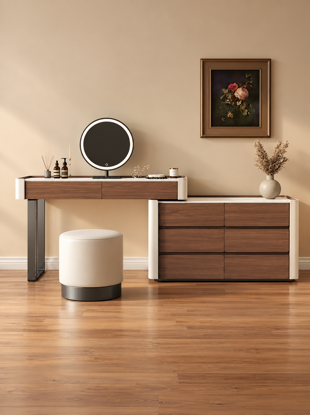 VELORA Sintered Stone Dressing Table Set with Storage Cabinet, LED Mirror & Stool – 6099