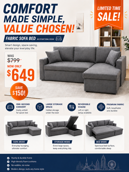 【Clearance】Linen Fabric Sofa Bed with Storage Chaise | Grey 3-Seater | OZHomeDepot