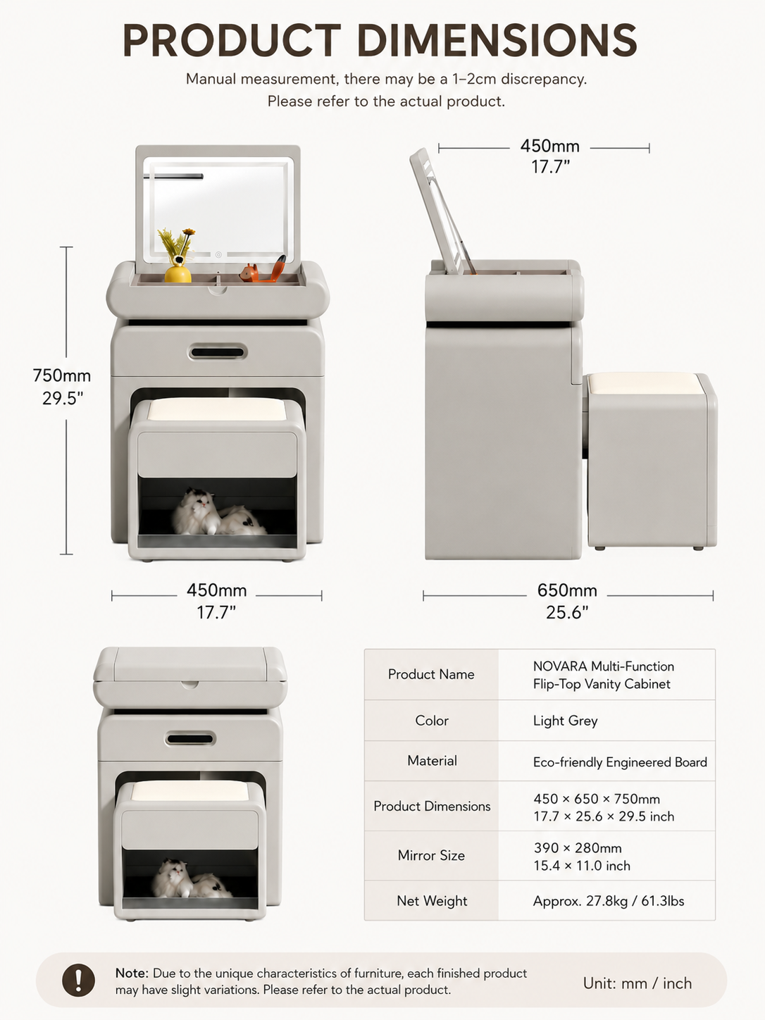 NOVARA Multi-Function Flip-Top Vanity Cabinet with LED Mirror & Hidden Stool | Modern Makeup Vanity Desk 6061