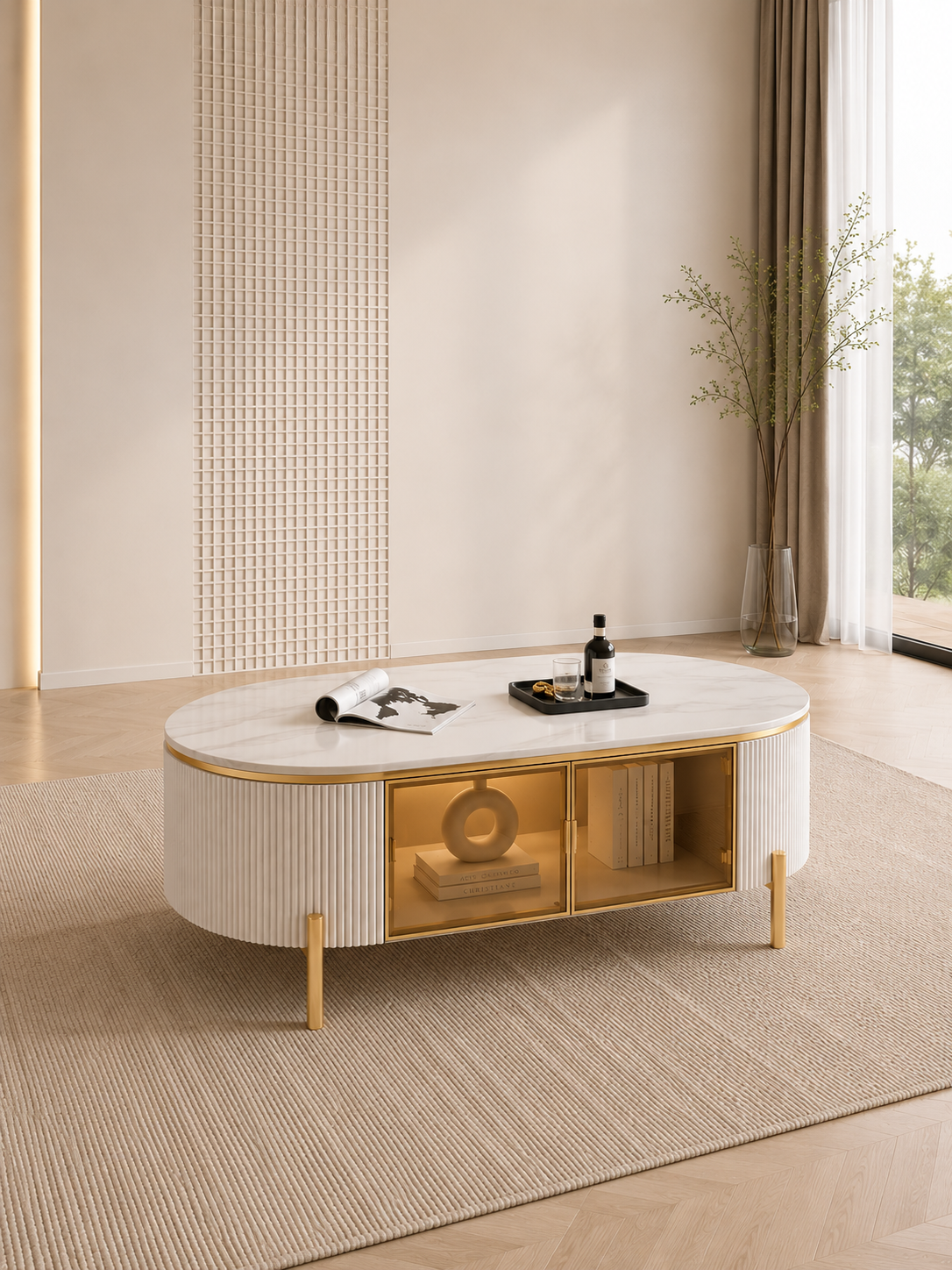 LUCAS White Sintered Stone TV Stand with Gold Legs & Storage