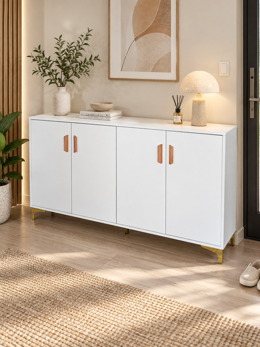 【SALE】Modern White & Natural Wood 4-Door Shoe Cabinet 140cm | SS-002