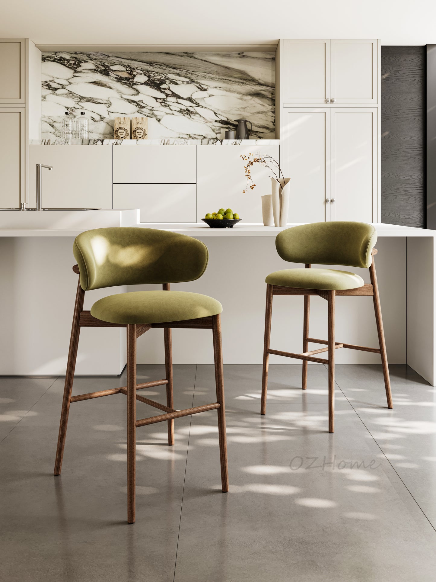 Product Name: CALLIOPE Bar Stool in Walnut-Stained Solid Ash Wood with Olive Green Velvet – Model 4068-BAR