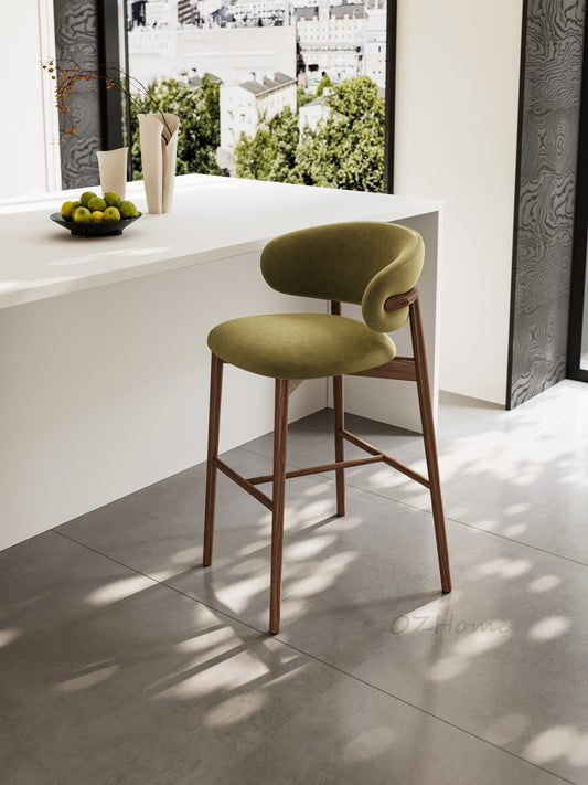 Product Name: CALLIOPE Bar Stool in Walnut-Stained Solid Ash Wood with Olive Green Velvet – Model 4068-BAR