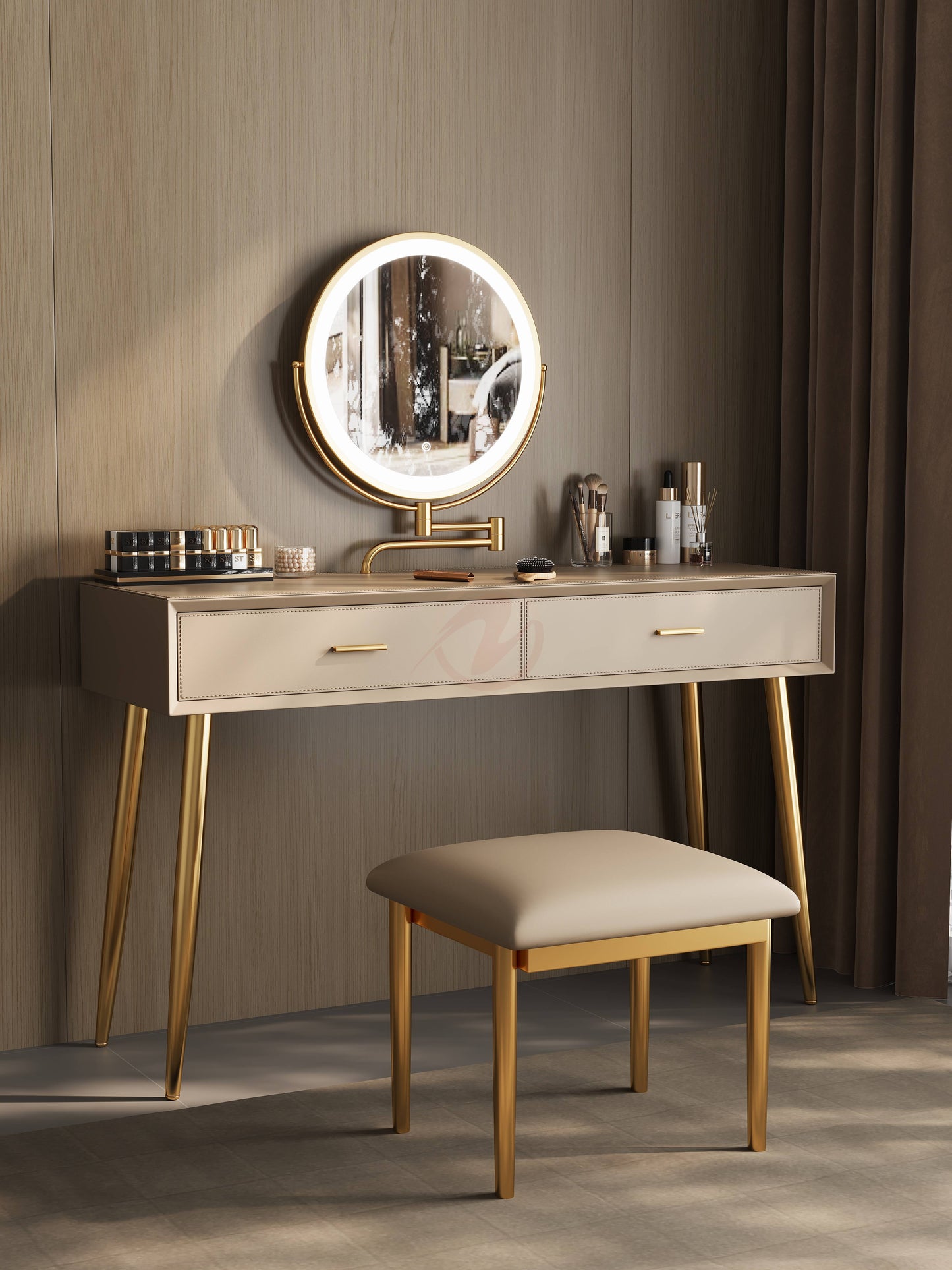 Veloutée Small Vanity Table with Oatmeal Stone Top, Includes Mirror and Stool | Set 6021-80