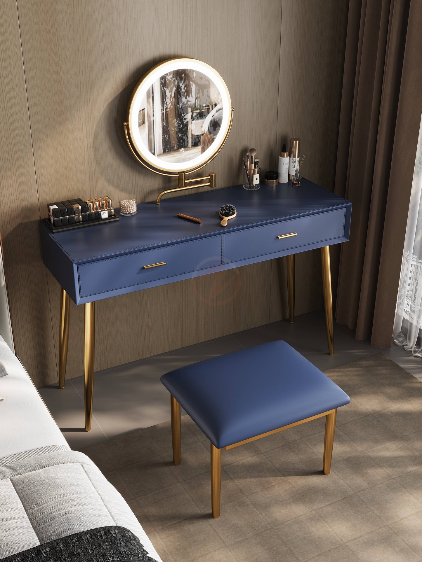 Veloutée Small Vanity Table with Oatmeal Stone Top, Includes Mirror and Stool | Set 6021-80