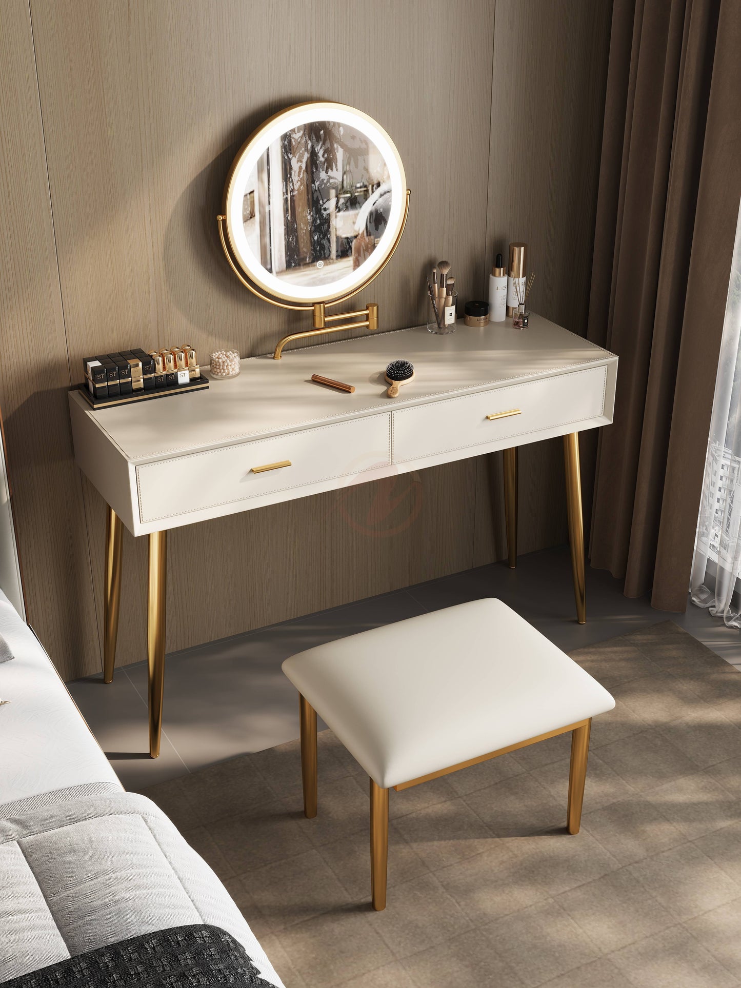 Veloutée Small Vanity Table with Oatmeal Stone Top, Includes Mirror and Stool | Set 6021-80