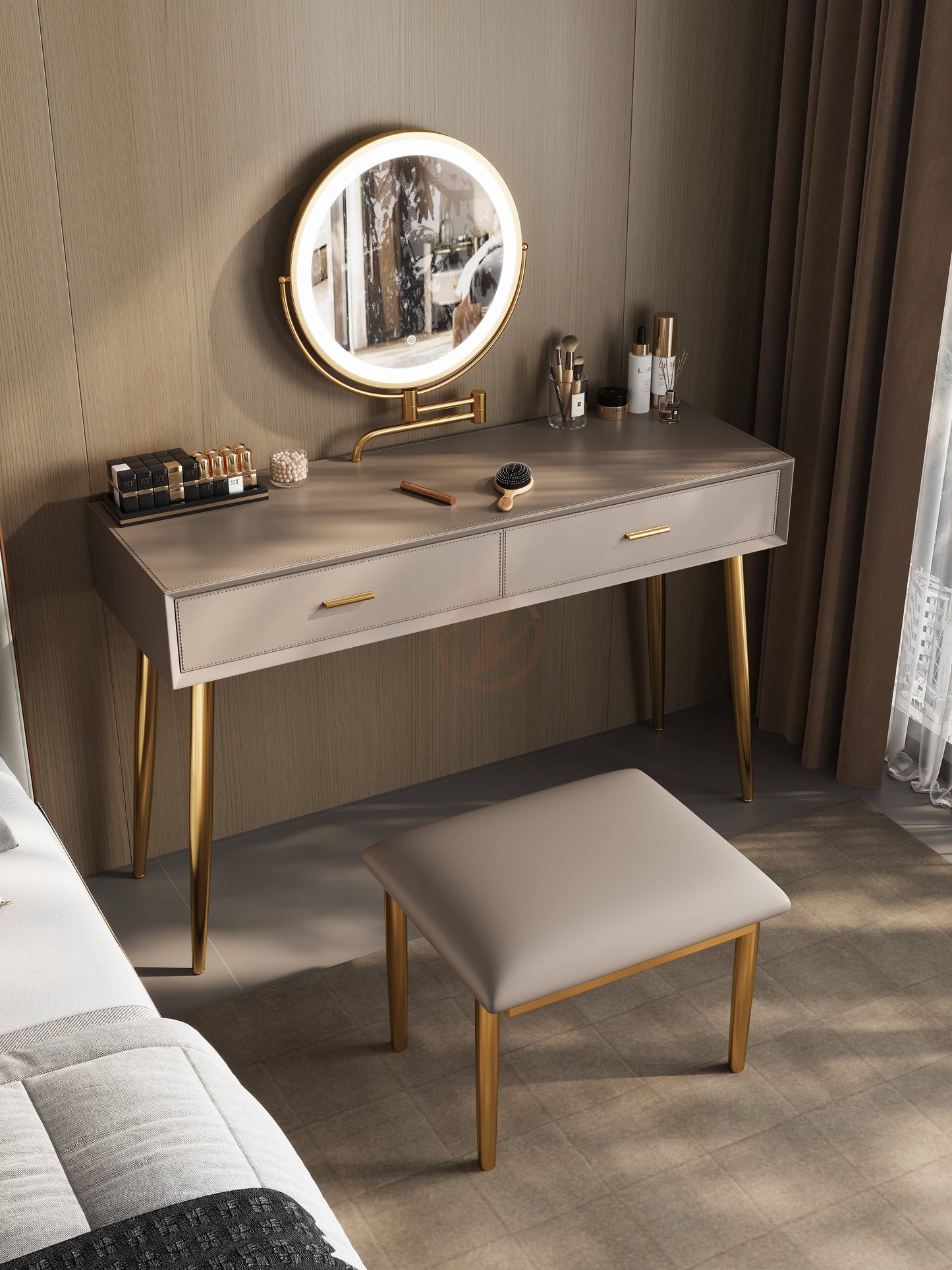 Veloutée Small Vanity Table with Oatmeal Stone Top, Includes Mirror and Stool | Set 6021-80
