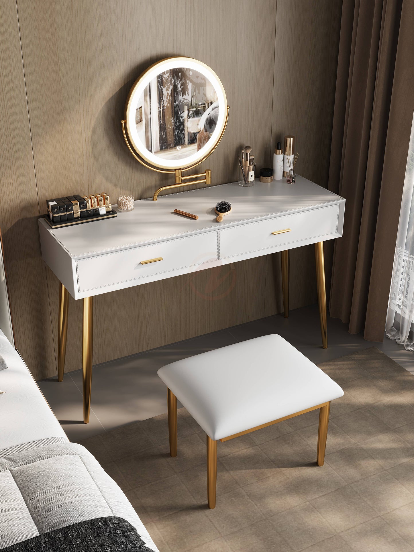 Veloutée Small Vanity Table with Oatmeal Stone Top, Includes Mirror and Stool | Set 6021-80
