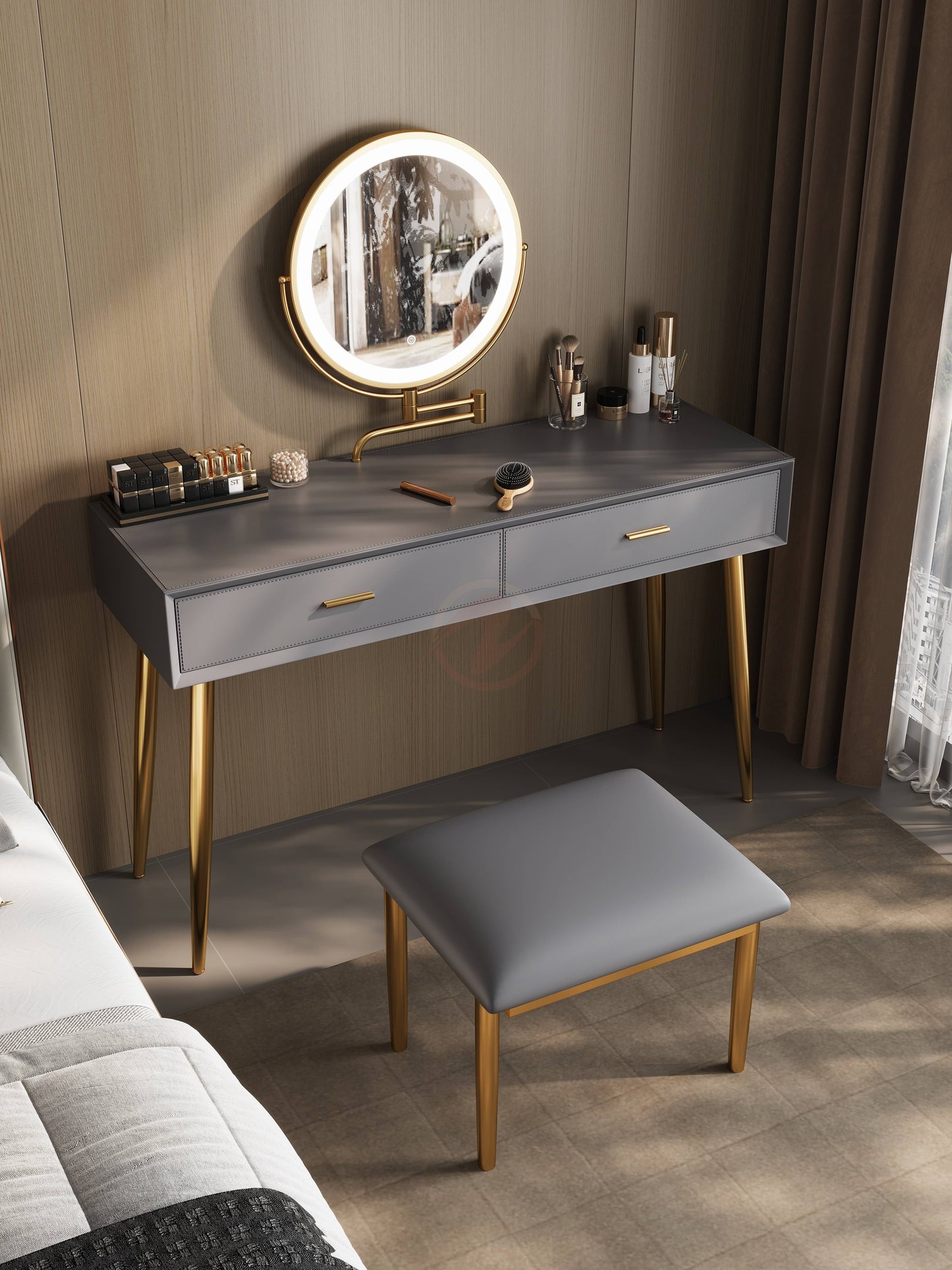 Veloutée Small Vanity Table with Oatmeal Stone Top, Includes Mirror and Stool | Set 6021-80