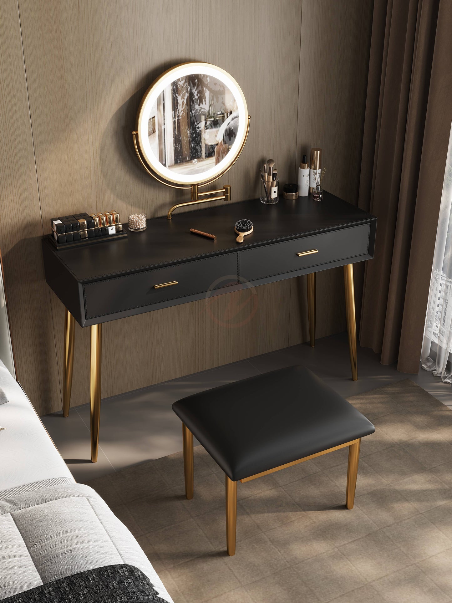 Veloutée Small Vanity Table with Oatmeal Stone Top, Includes Mirror and Stool | Set 6021-80