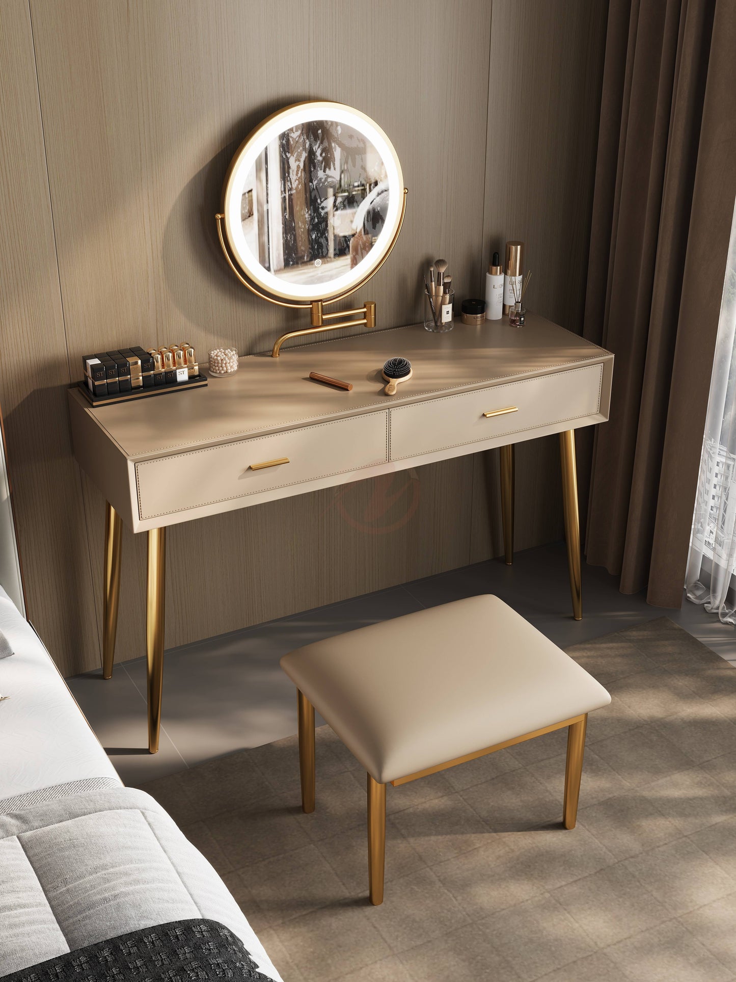 Veloutée Small Vanity Table with Oatmeal Stone Top, Includes Mirror and Stool | Set 6021-80