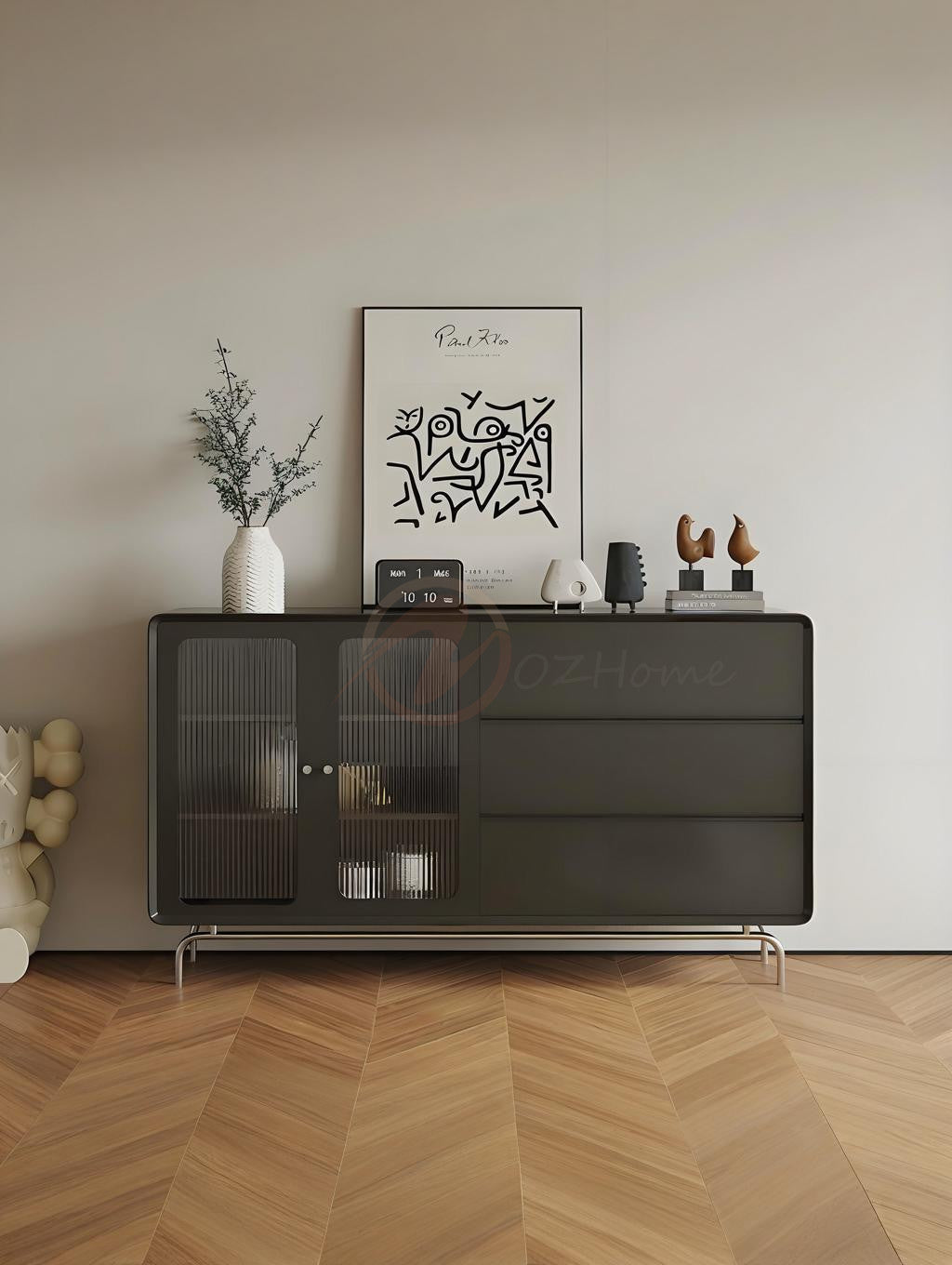FABIO Italian Minimalist Style Black Enamel Sideboard with Fluted Glass, 160cm Entryway Cabinet | 7024