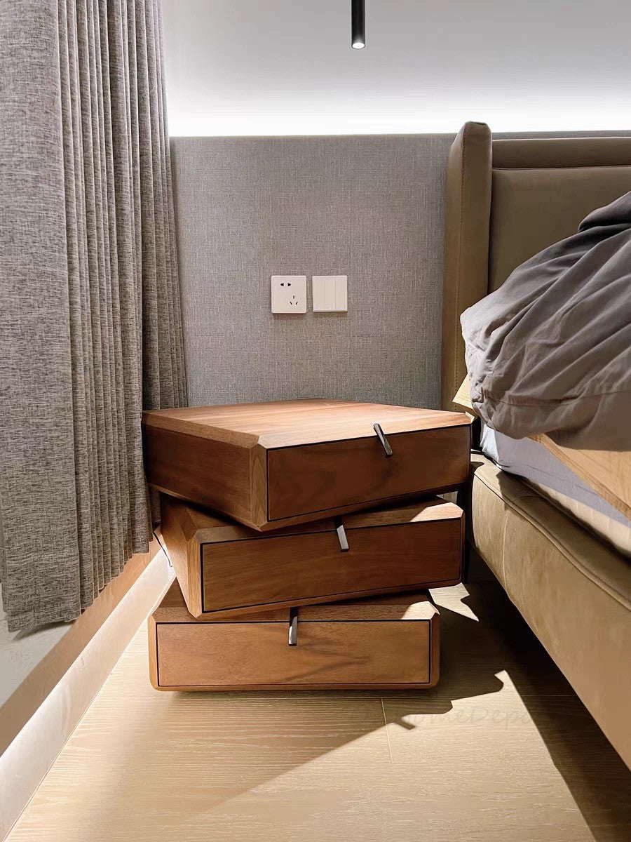 Smoked solid wood three-layer rotating drawer side table bedside cabinet