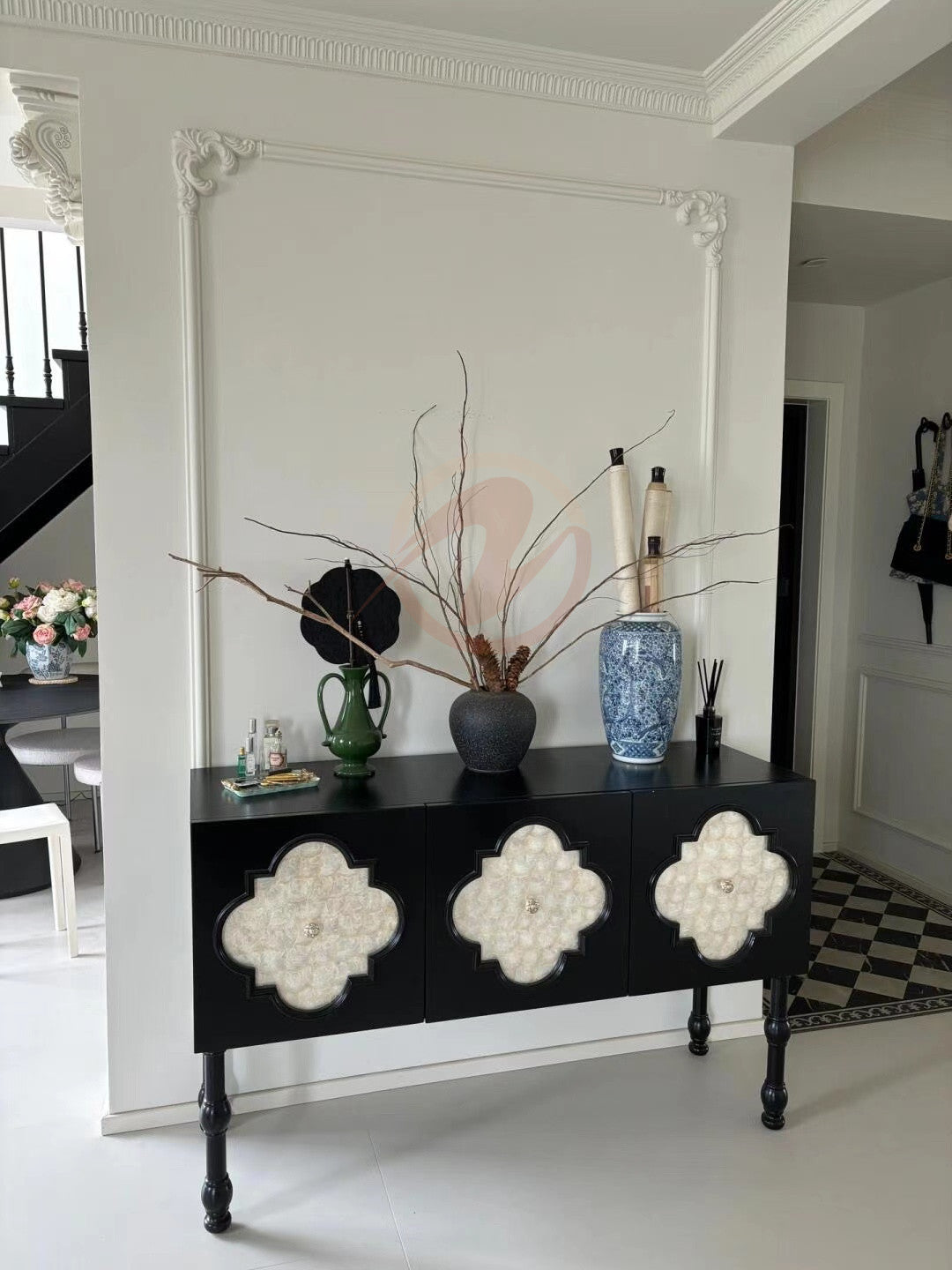 MORTIMER Gothic-Style Black Cabinet with White Natural Shell Decorative Doors, Storage Sideboard | Floral Pattern | Buffet 7026