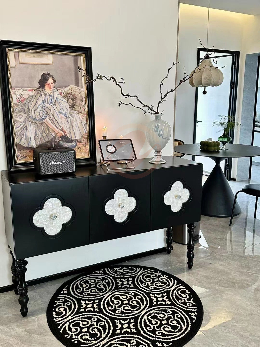 MORTIMER Gothic-Style Black Cabinet with White Natural Shell Decorative Doors, Storage Sideboard | Floral Pattern | Buffet 7026
