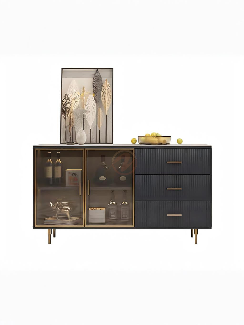 MATTEO Italian Black Sideboard with Glass and Drawers | Entryway Cabinet | Shoe Cabinet 7031