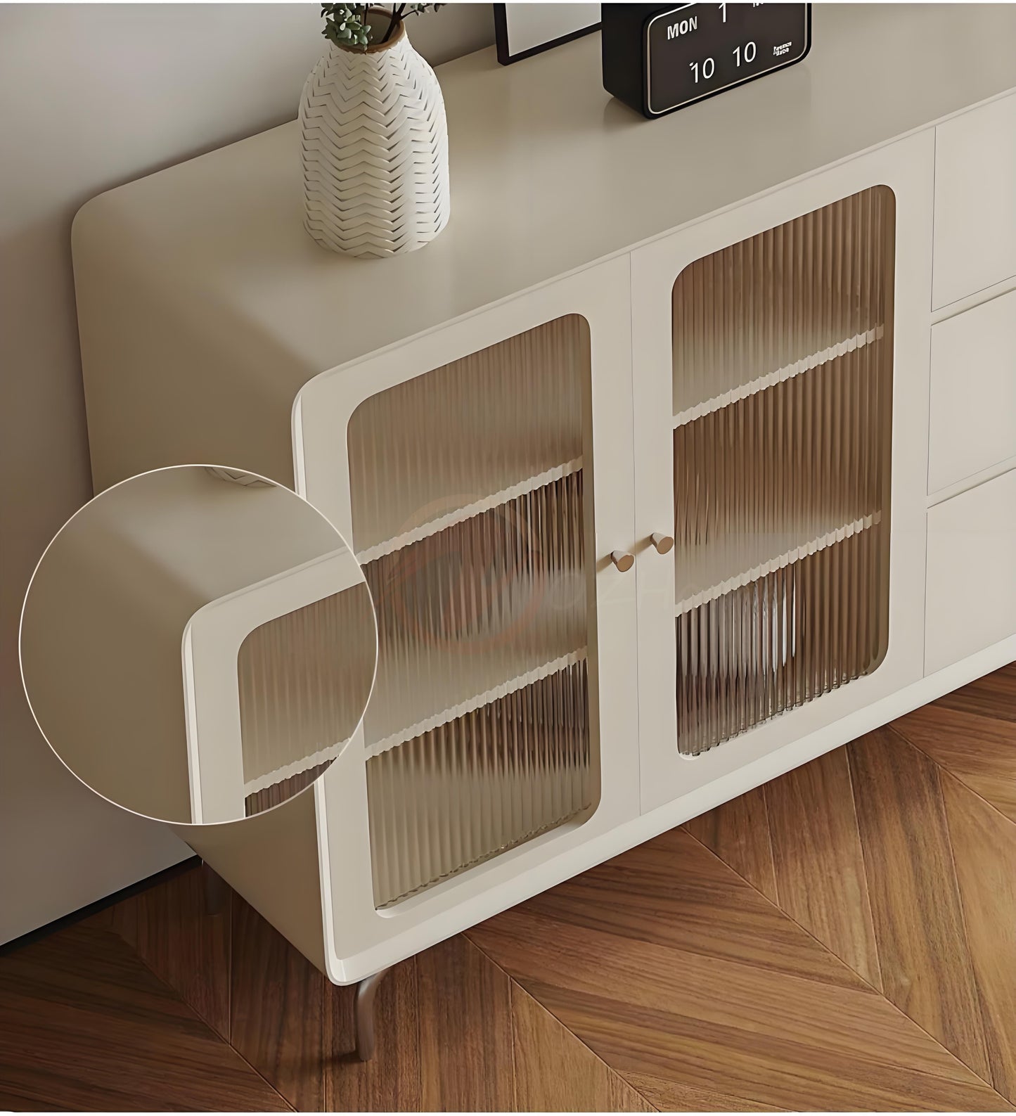 FABIO Italian Minimalist Style Black Enamel Sideboard with Fluted Glass, 160cm Entryway Cabinet | 7024