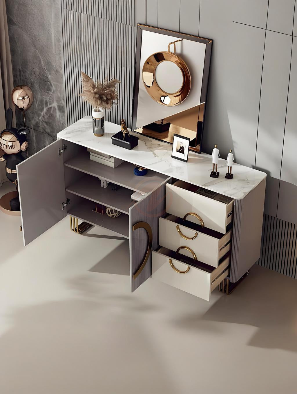 LORENZOL Italian Minimalist Sintered Stone Countertop Sideboard with Drawers | Entryway Cabinet | Shoe Cabinet | 7028