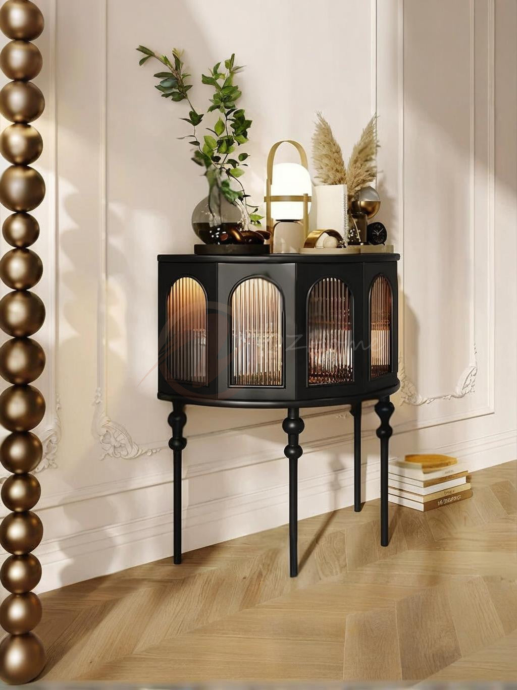 Seraphine Gothic-style Black Cabinet with Ribbed Glass Doors, Storage Sideboard | Semi-circular | buffet 7026