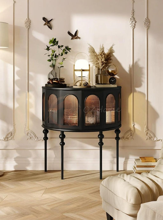 Seraphine Gothic-style Black Cabinet with Ribbed Glass Doors, Storage Sideboard | Semi-circular | buffet 7026
