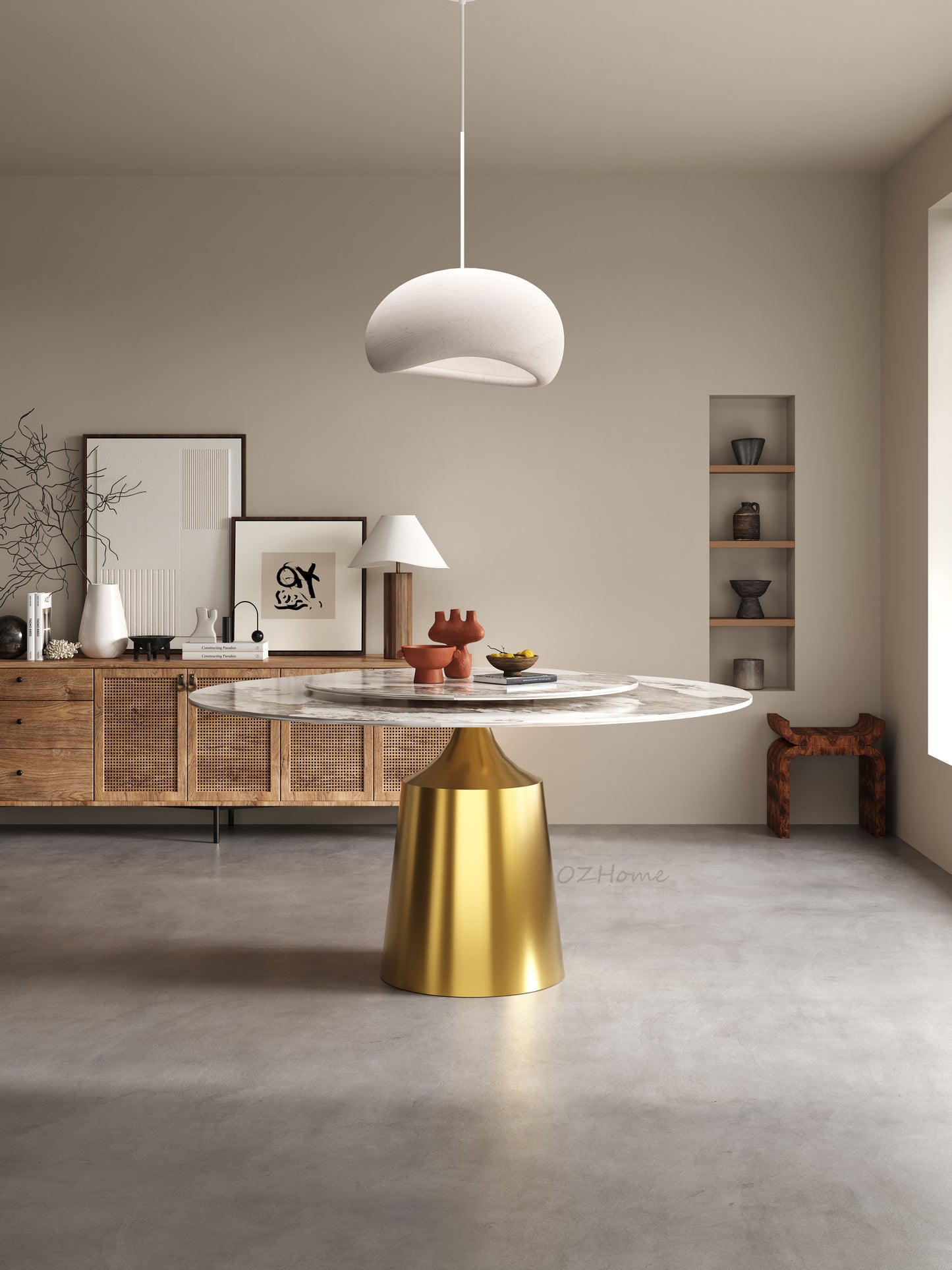 VINASSE Round Dining Table – Glossy Chanel-Inspired Sintered Stone, Gold Pedestal Base | 9046