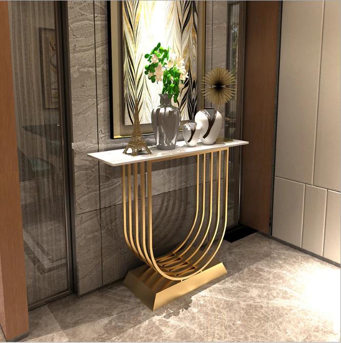 120cm White and Gold Ceramic Console Table/ Ceramic top/ Golden metal legs/Morden
