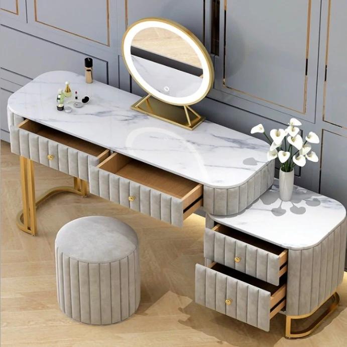 LED Luminous Vanity Velvet Table and Stool Set Makeup Dressing Table Sintered Stone Top
