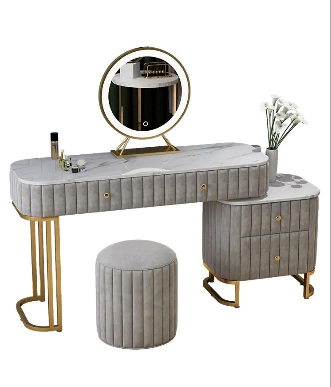 LED Luminous Vanity Velvet Table and Stool Set Makeup Dressing Table Sintered Stone Top